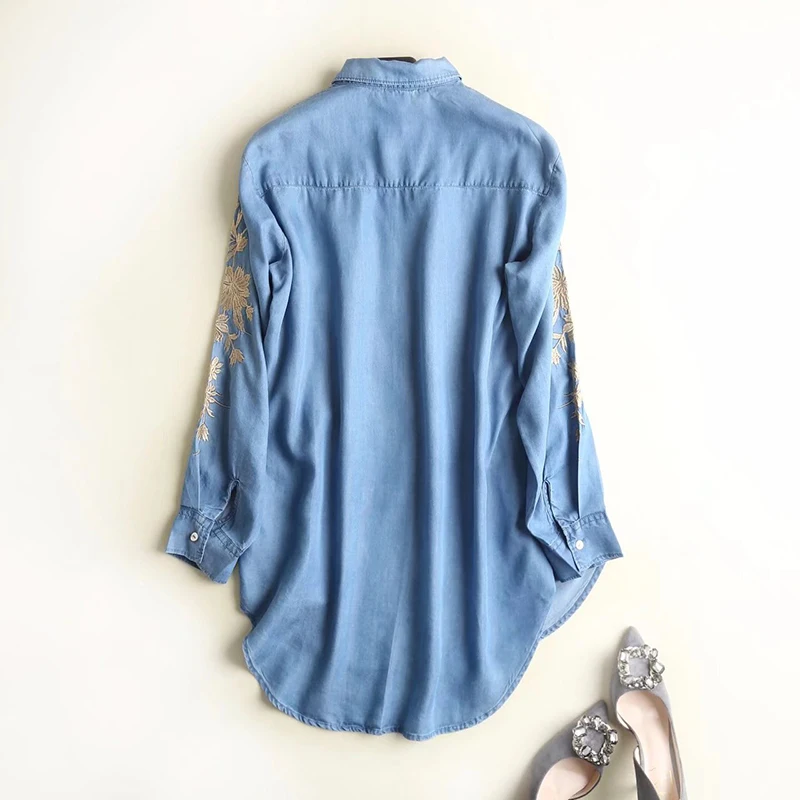 Блузка женская с цветочной вышивкой джинсовая синяя блузка женская золотая линия с длинным рукавом на пуговицах спереди Женские топы и блузки для улицы