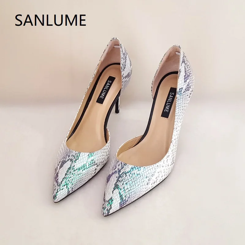 SANLUME/разноцветные женские элегантные офисные туфли-лодочки из натуральной кожи, на высоком каблуке, с острым носком, из овечьей кожи