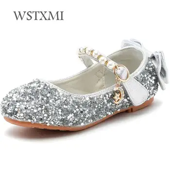

Sweet Flat Girl Princess Shoes Children Crystal Leather Dress School Shoes Fashion Pearl Silver Kids Wedding Party Show Shoes
