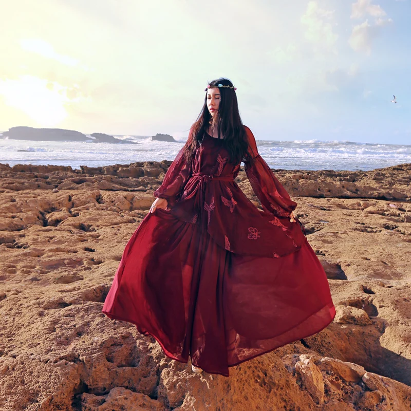 

MAIXU Spring Original Design Women Elegant Bohemian O-Neck Lantern Sleeve Butterfly Embroidery Loose Silk Chiffon Red Maxi Dress