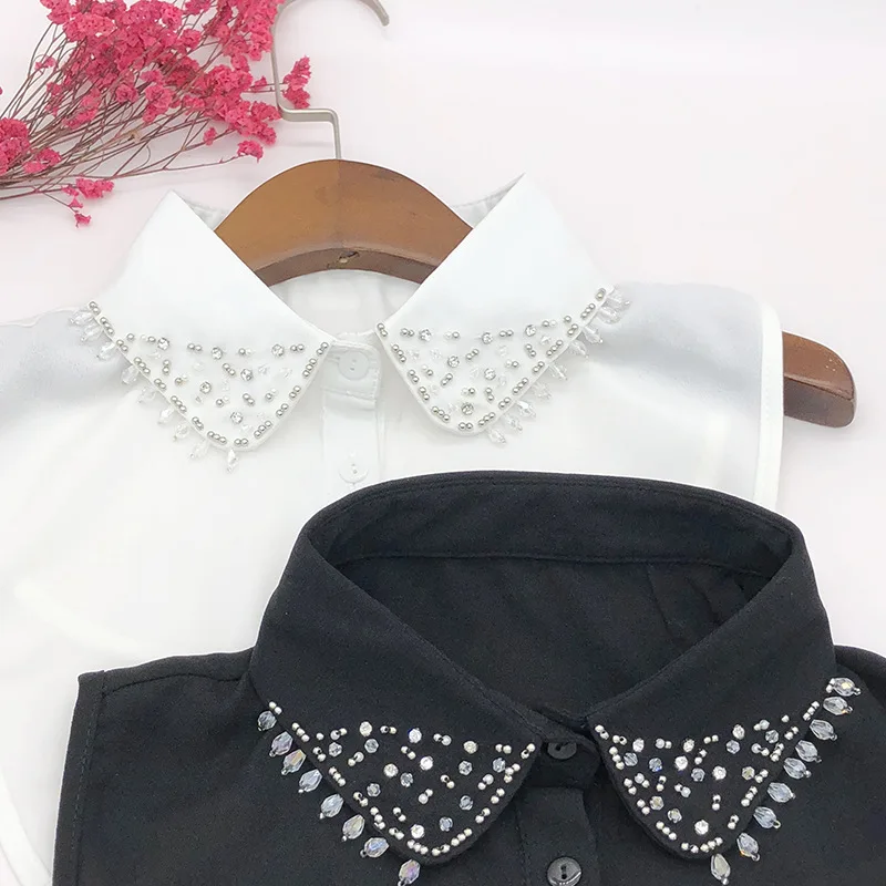 Женская осенне-зимняя рубашка с галстуком жемчужные бусы из горного хрусталя шифоновые поддельные воротнички с кристаллами и отворотами