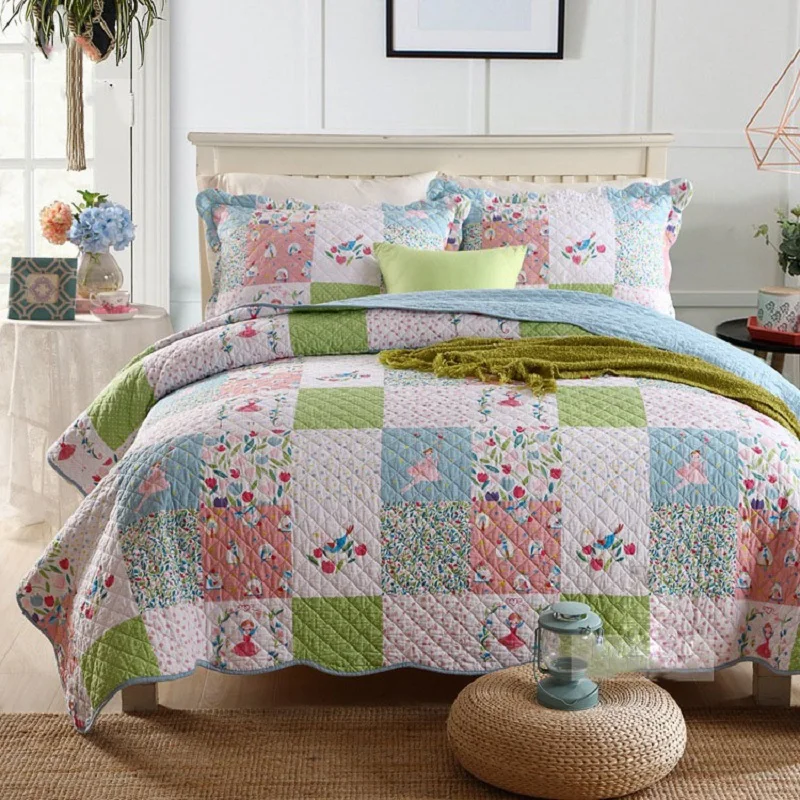 CHAUSUB Korea Style Quilt Set 3PCS Coverlet Washed Cotton Quilts