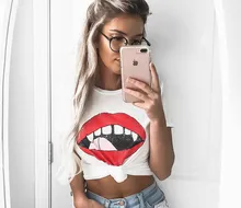 

2018 High Quality Women Cotton Knitted T Shirt With Funny Mouth Printing O Neck Short Sleeve T-shirts