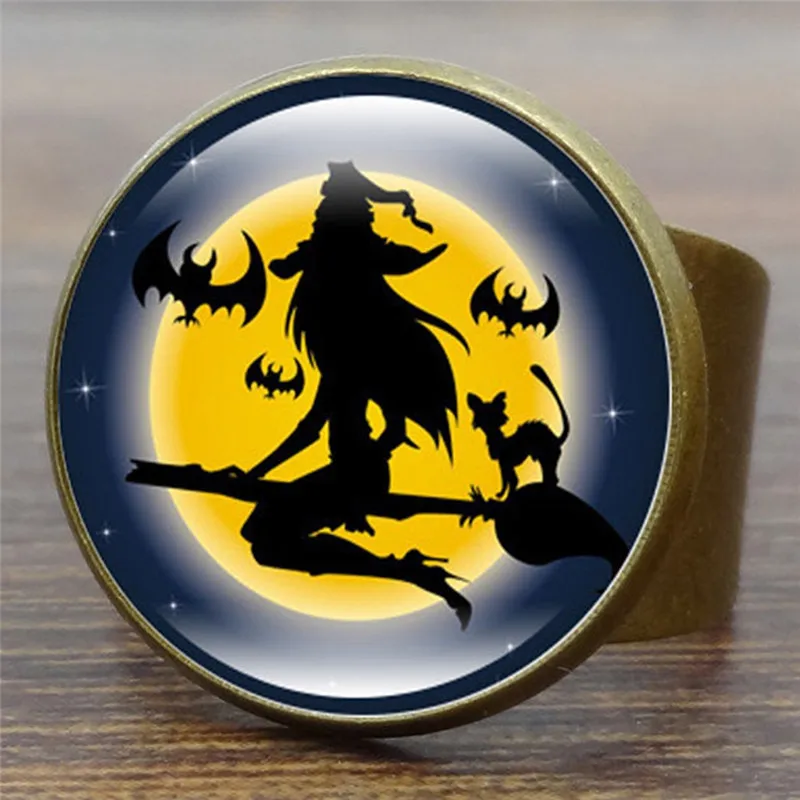 

PINKSEE Retro Copper Opening Ring Halloween Wearing Evil Witch Pattern 3 Colors Glass Finger Rings For Men Women Jewelry