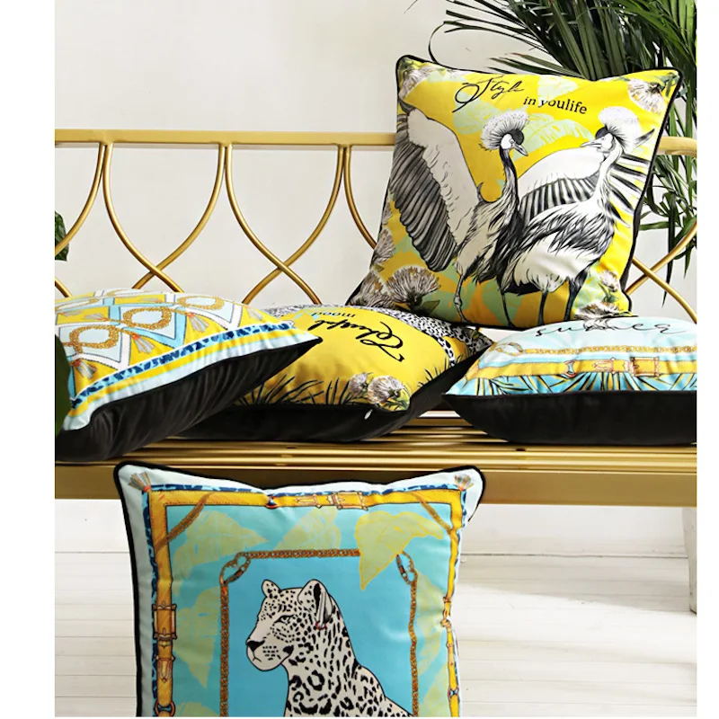 DUNXDECO Cushion Cover Decorative Pillow Case Island Vocation Tropical Leopard Crowned Cranes Modern Luxury Coussin Decorating