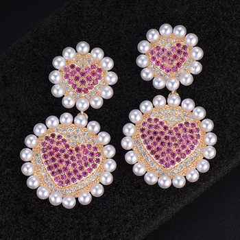

GODKI 32mm Luxury Pink Heart Imitation Pearl Fashion Cubic Zirconia Women Dress Engagement Party Wedding Bridal Earring Jewelry