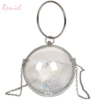 

Pearl Feather Luxury Women bag 2018 New Quality Transparent Designer Handbag Metal Ring Tote bag Chain Shoulder Messenger bags