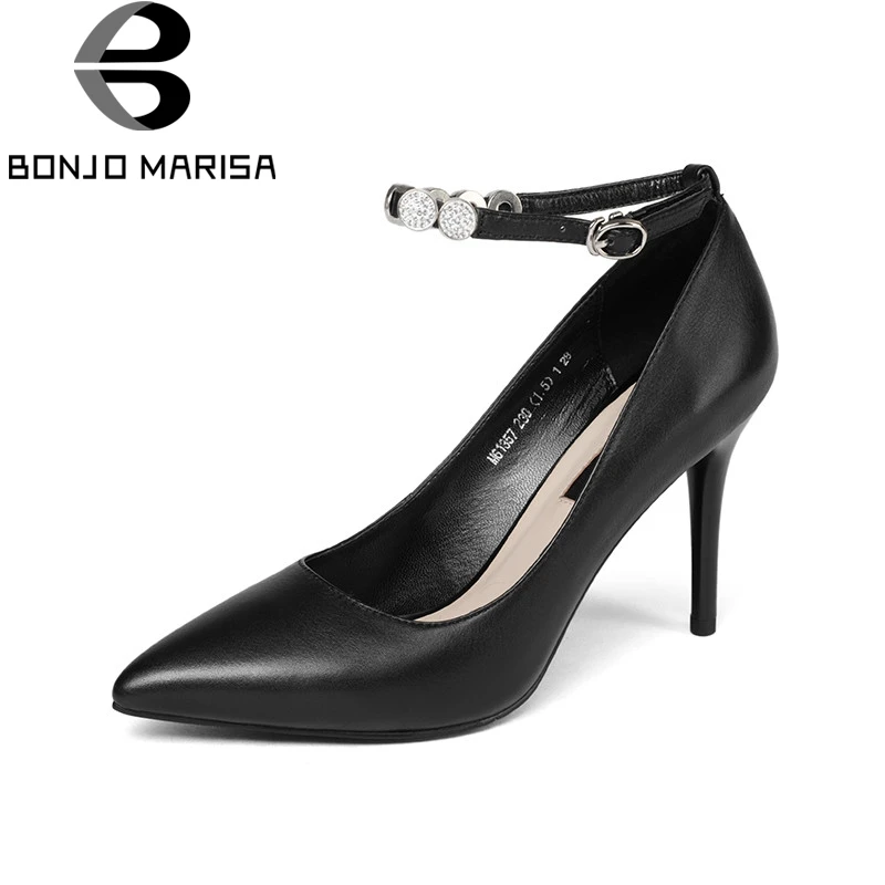 

BONJOMARISA 2018 Spring Autumn Natural Material Women Pumps Cow Leather Elegant Crystal High Heels Shoes Woman Shallow Ol Shoe