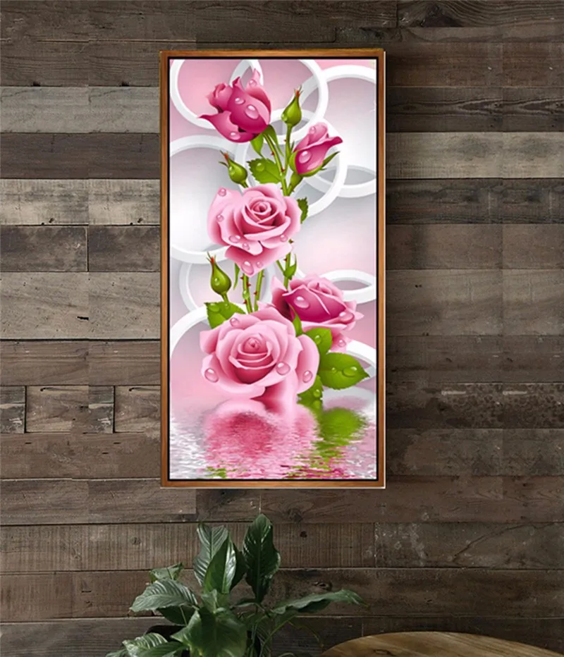 5D Diy Алмазная вышивка крестиком Алмазная розовая роза Алмазная вышивка цветок Вертикальная Печать Круглая дрель домашний декор