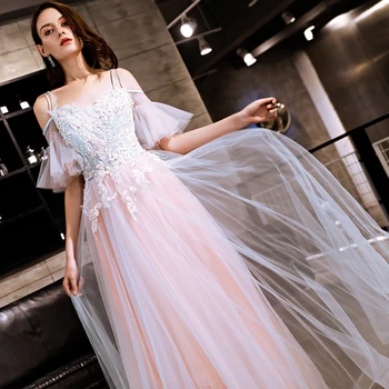 

Tulle Strapless Women Dress Backless Spaghetti Strap Beading Evening Gowns Vedtidos Appliques Lace Up Banquet Costume G476