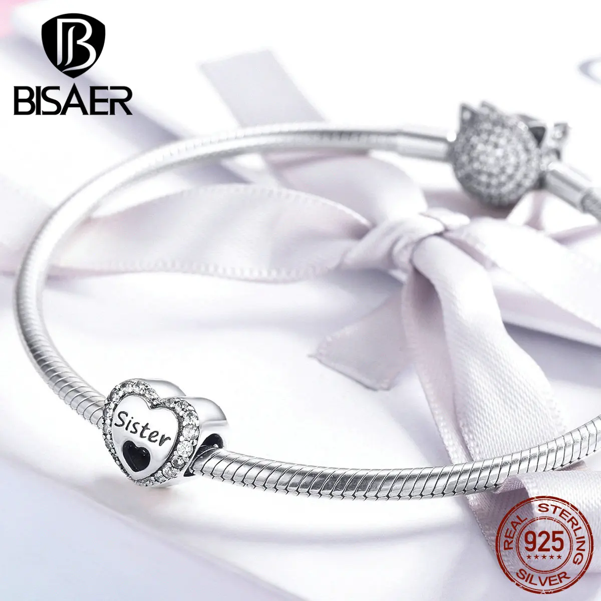 BISAER 100% 925 пробы Серебряный Подарок для сестры подвески в форме сердца бусины