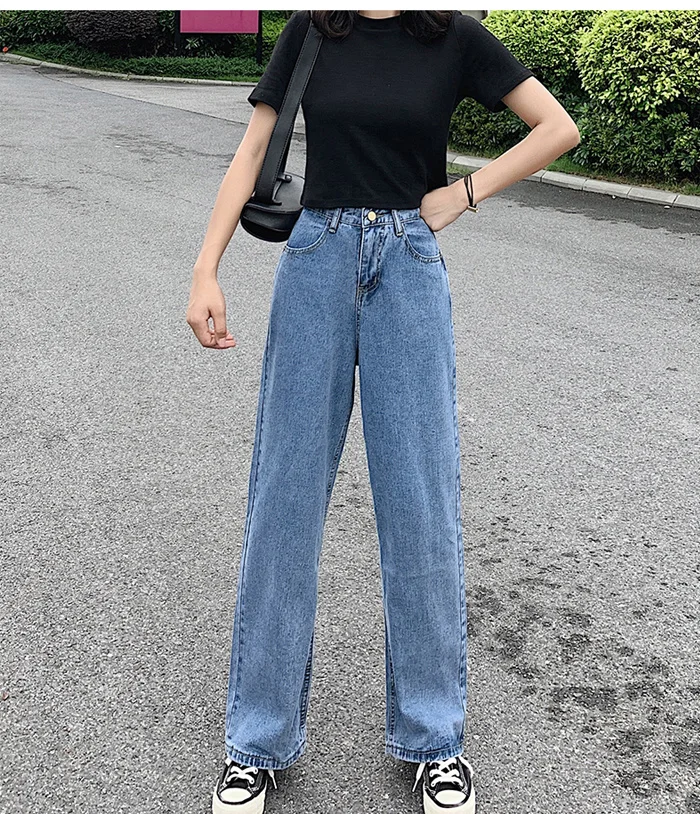 Women Denim Jeans Wide-leg Pants Straight Loose Zipper Casual High Waist Long Jeans White Blue Autumn Female Jeans S-XL