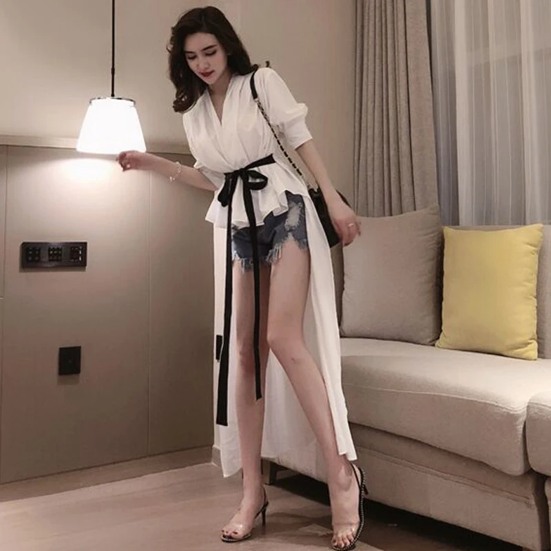 

2019 Summer Shirt Woman Fairy Model V Lead Short Sleeve Design Feeling Waist Length Of Front And Rear Jacket h190603