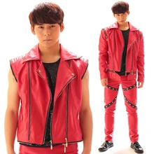 New Fashion Red Nightclub Bar Dj Rock Punk Zipper Sleeves Detachable Man Singer Costumes Outerwear Male Personality Slim Jacket