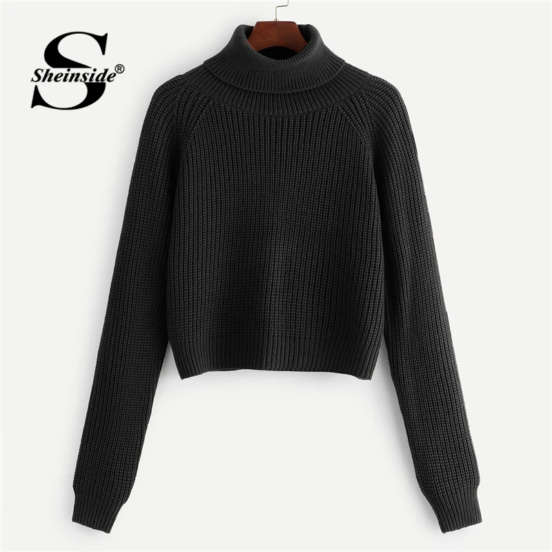 Sheinside Black Coffee Crop Sweater Women Pullovers Roll Neck Raglan Sleeve Jumper Fall Winter Tops For Womens Knitted Sweaters