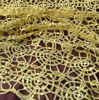 

5 yards high quality hollow African lace fabric gold and silver beads sequins embroidered fabric mesh fabric suitable for dresse