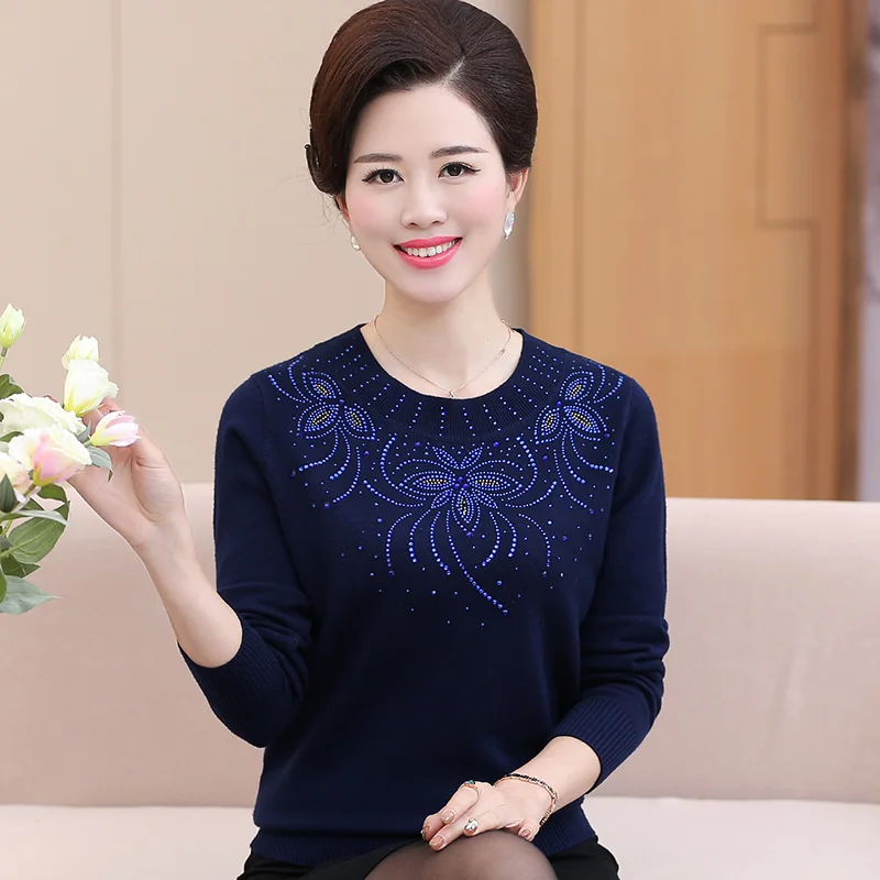 

Middle-Aged Women Pullover Sweater Lace O-Neck Long-Sleeved Plus Size Sweater Women 40-50 Years Old Mother Knitted Sweater T321