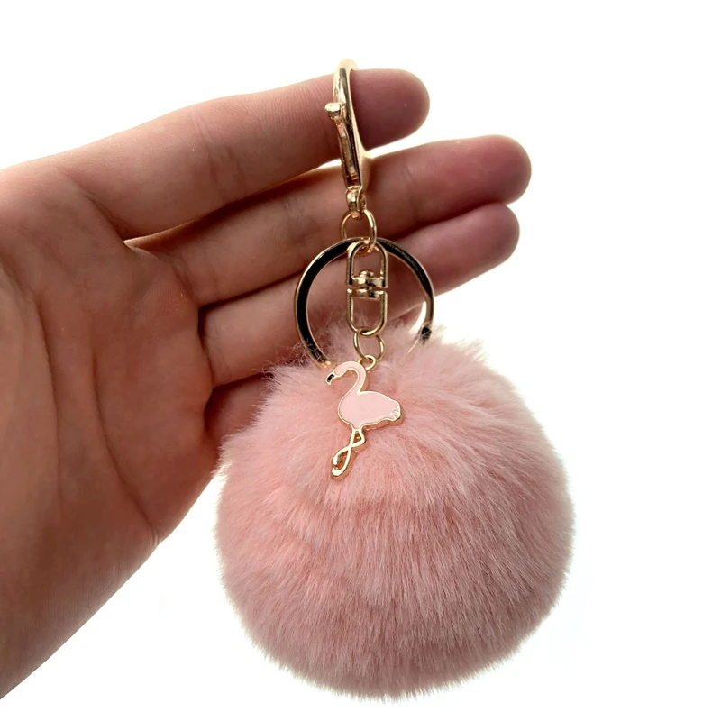 

Cute Flamingos Keychain Pompom Avengers Key Chains Jewelry Fur Ball Key Chain Fluffy Pom Pom Keyring For Women Car Bag Key Ring