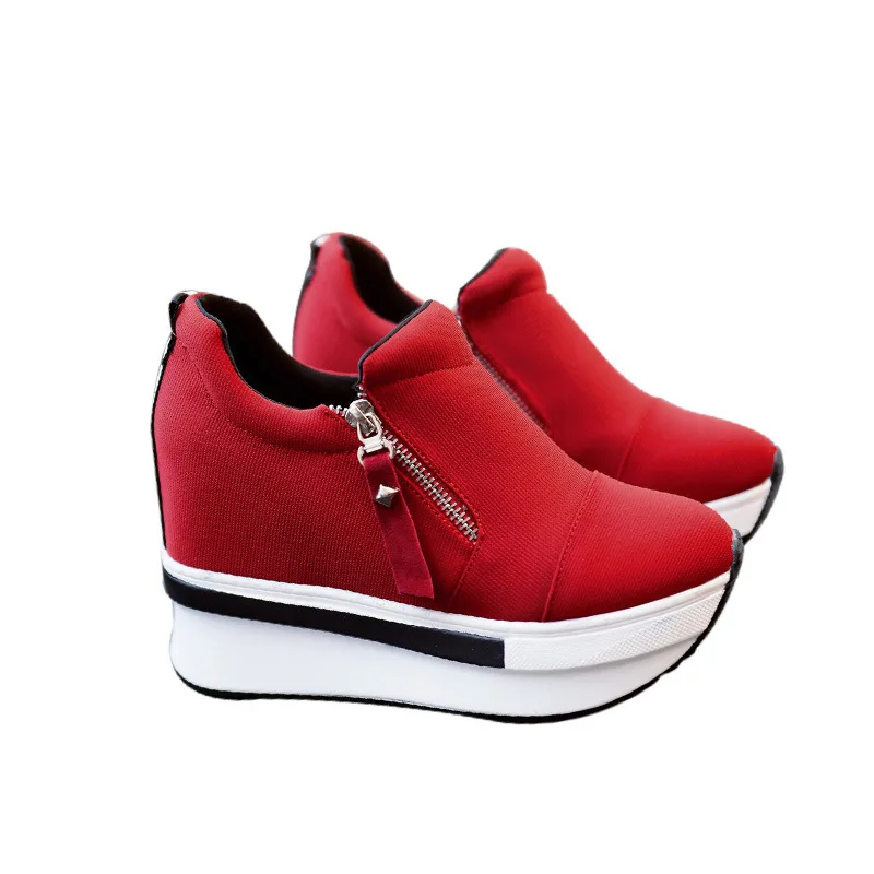 

Quality Flock New High Heel Lady Casual Black Red Women Sneakers Leisure Platform Shoes Breathable Height Increasing Shoes