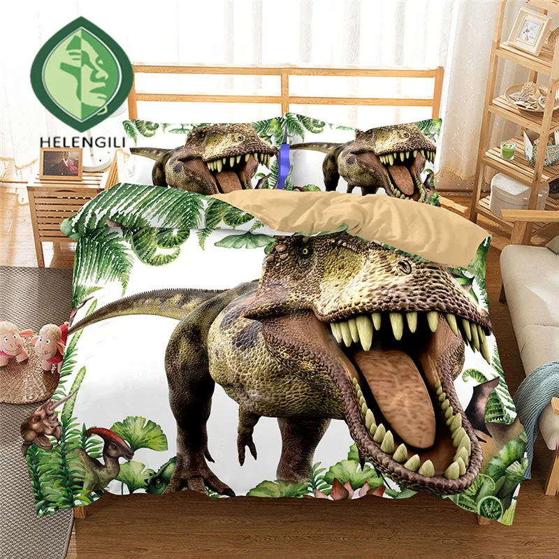 HELENGILI 3D طقم سرير الحديقة الجوراسية ديناصور طباعة حاف مجموعة غطاء أغطية مع المخدة طقم سرير المنسوجات المنزلية #2-01