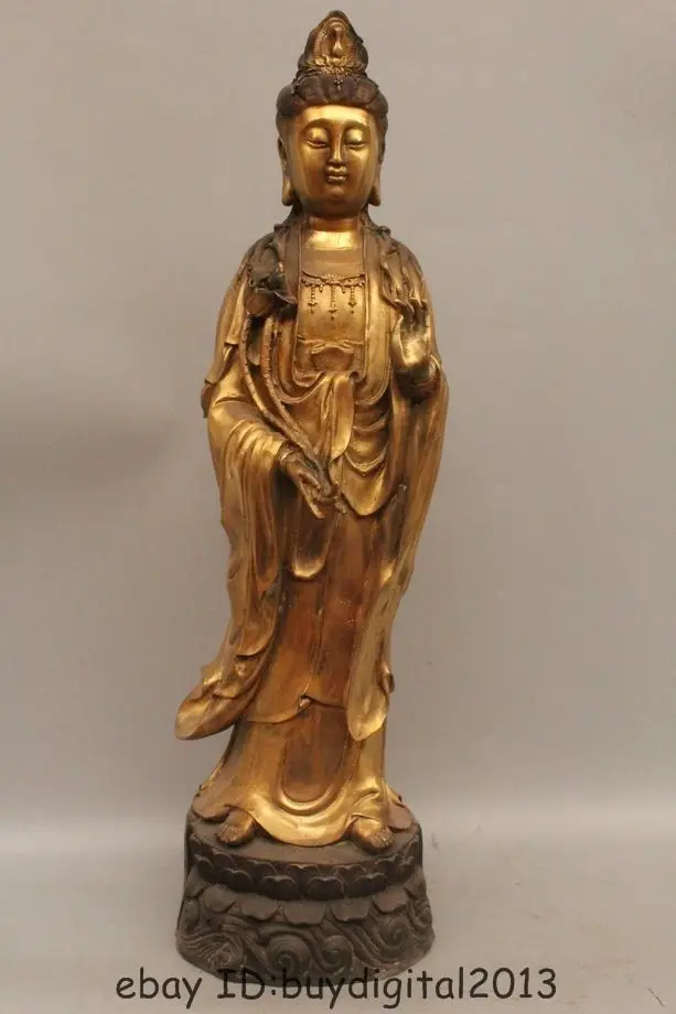 25" Chinese Buddhism Bronze Gild Kwan yin Guan Yin Goddess Lotus Flower