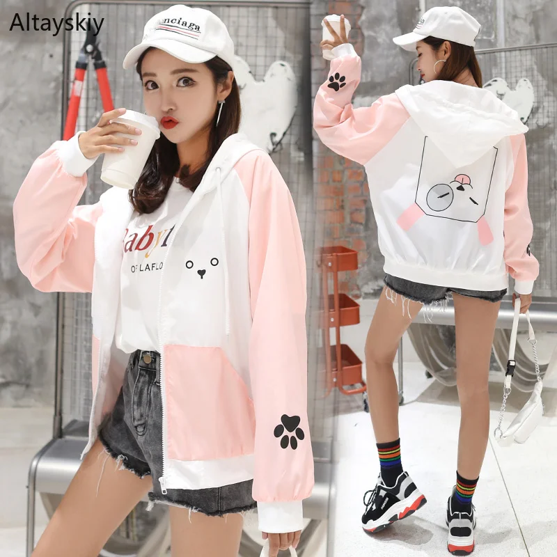 

Jackets Women Hooded Loose Patchwork Printed Simple Korean Style BF Ulzzang Jacket Womens Daily Zipper Outerwear Trendy Coats