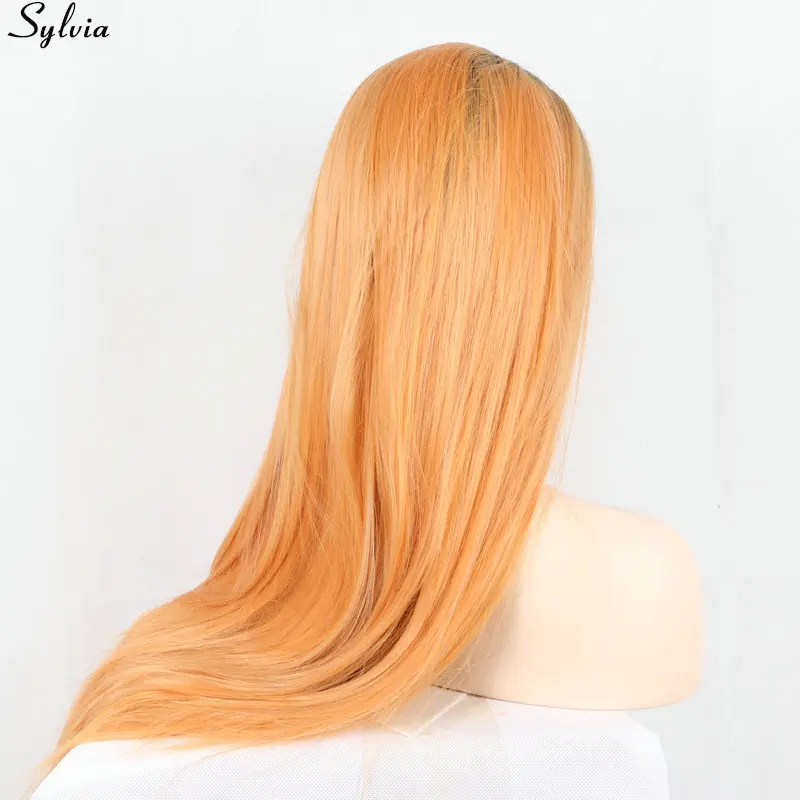 Sylvia Natural Long Silky Straight Ombre Orange Peach Black Roots Synthetic Lace Front Wig Glueless Heat Resistant Hair Wigs (3)