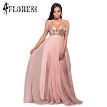 Elegante Abendgesellschaft Kleid 2017 Hohe Taille Sexy Perspektive Mesh Patchwork V-ausschnitt Pailletten Kleider Mode Rosa Langes Kleid