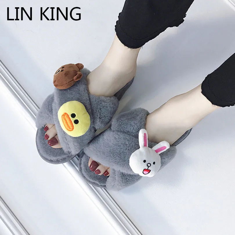 

LIN KING Sweet Cartoon Women Home Slippers Fashion Winter Plush Slippers Warm Faux Fur Anti Skid Indoor Flats Slides Flip Flops