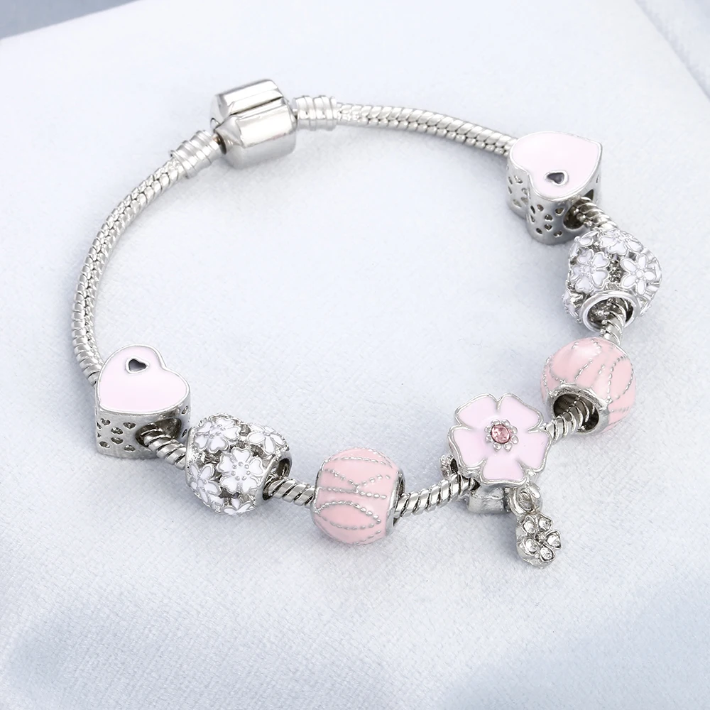 Винтажный Роскошный Розовый Кристальный браслет, уникальный женский серебряный шарм, сердце, слон, цветок, подвеска, дружба, браслеты, сделай сам, ювелирное изделие, подарок