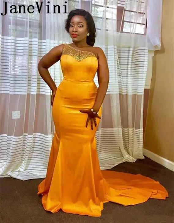 Gold Plus Size Mermaid Prom Dresses One Shoulder Hollow Back Sweep Train Beads Long Formal Evening Party Gowns Special Occasion Dress 2019__