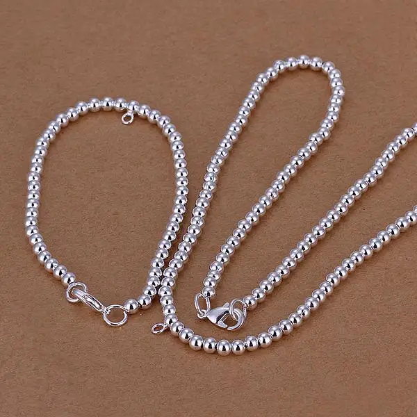

Silver 925 Jewelry Set 4mm Buddha Beads Chain Bracelet Necklace 2 pcs Bridal Wedding Party Costume Jewellery Set Bijoux Gifts