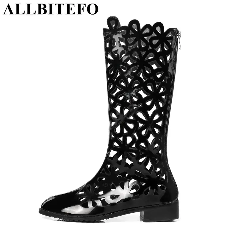 

ALLBITEFO 2018 summer Patent leather thick heel cut-outs women boots high quality low-heeled long boots girls shoes size:33-43