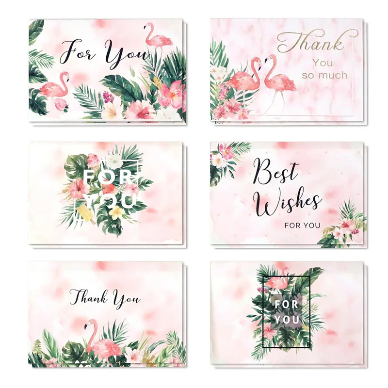  6Pcs Flamingo Thank You Best wishes Thanksgiving Decor Brithday Greeting Cards Mother's Day Gift Pa - 4000009267870
