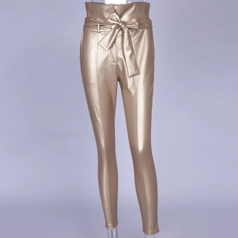 Сексуальные золотисто-черные брюки-карандаш с высокой талией, женские длинные брюки из искусственной кожи с поясом, повседневные сексуальные эксклюзивные модные дизайнерские брюки - Цвет: gold