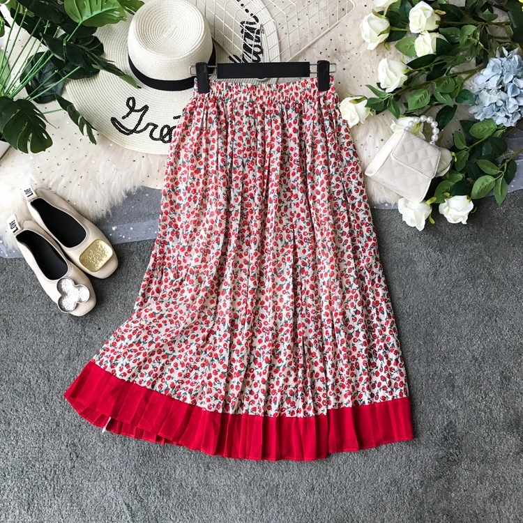 

2019 new fashion women's skirts Spring and summer long printed high waist pleated skirt