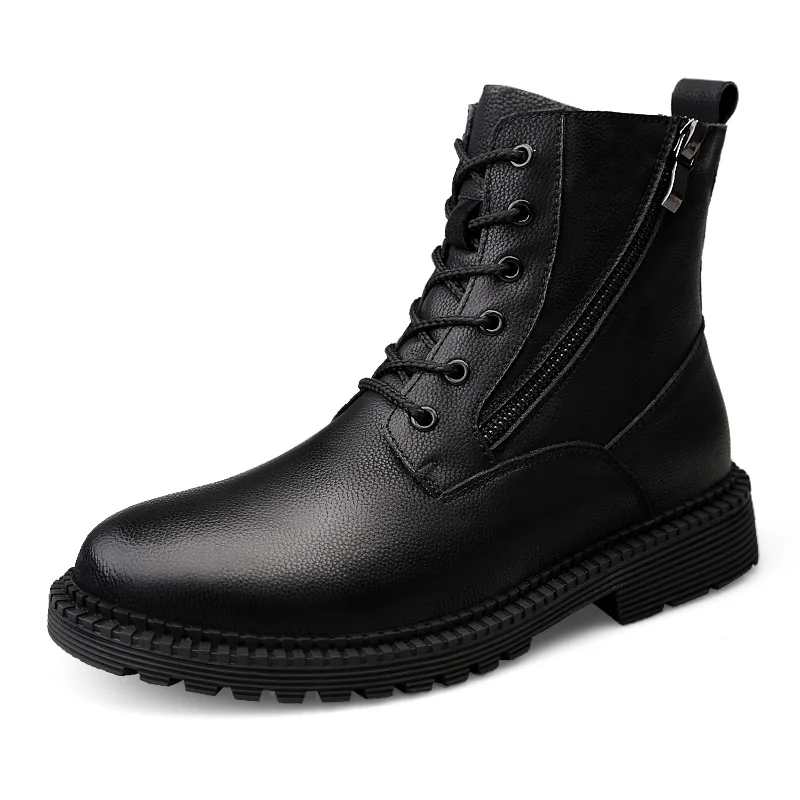 

Men Winter Warm Boots Black Genuine Leather Shoes Zip Casual Ankle Boots with Plush Round Toe Work&Safety Boots for Men