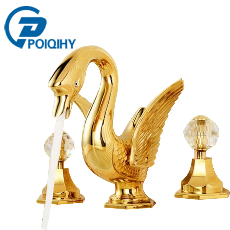 

POIQIHY Basin Faucet Golden Swan Shape Widespread Basin Faucets Dual Handles Triple Holes Mixer Tap Wash Basin Sink Faucet
