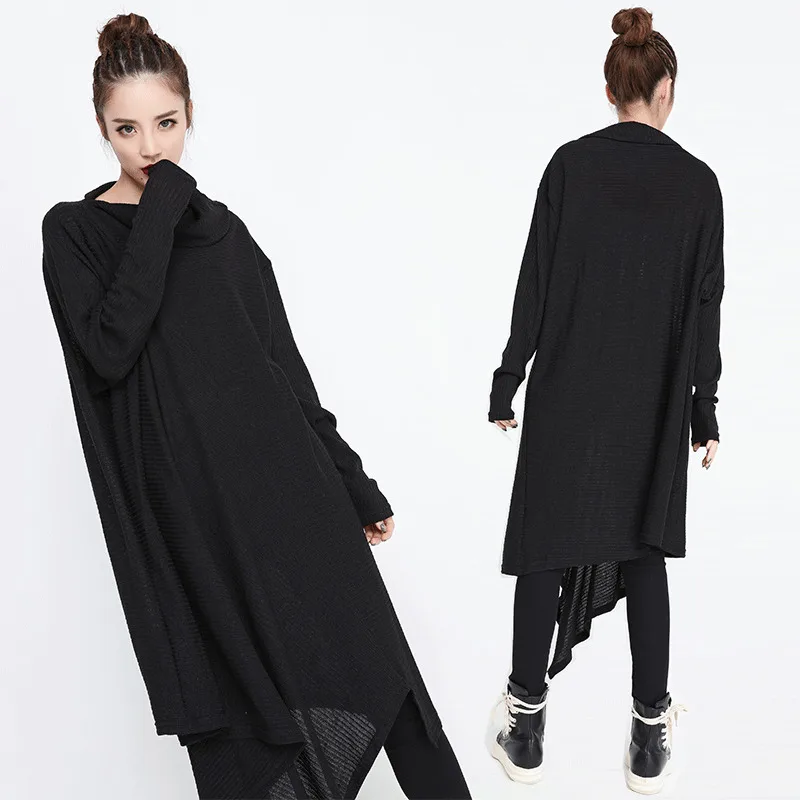 [EAM] Новое весенне-зимнее платье с высоким воротником и длинным рукавом, черное платье свободного кроя с неровным подолом большого размера, женское модное платье JG636
