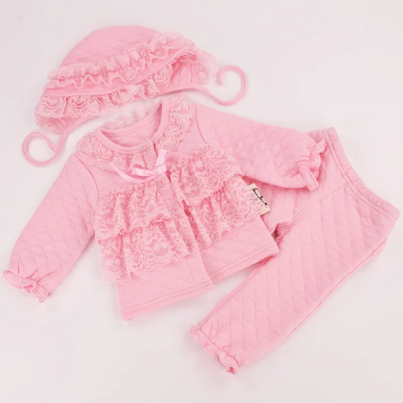 Зимнее кружевное платье для новорожденных девочек, комбинезон, утепленная хлопковая теплая шапка+ рубашка+ штаны, комплект из 3 предметов, Одежда для новорожденных от 0 до 12 месяцев - Цвет: Pink
