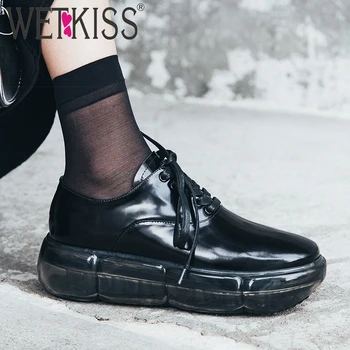 

WETKISS Cow Leather Flats Women Platform Shoes Woman Lace Up Square Toe Shoes Female Fashion Casual Sneakers Shoes Ladies Autumn