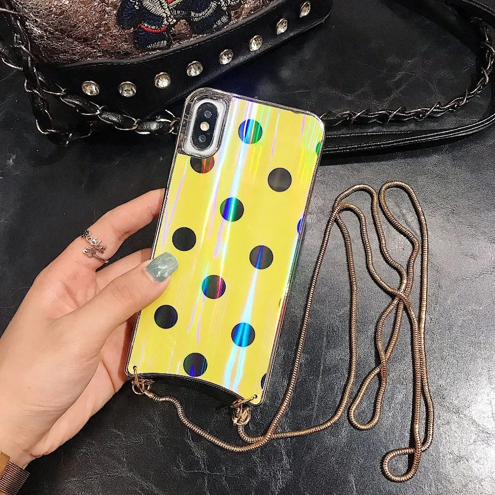 Girly Case For iPhone Xr X Xs Max Cover Korean Aurora Gradient Color Dot Skin Bag Cases For iPhone 7 8 Plus 6S Case + Long Chain (10)