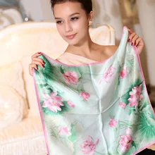 [BYSIFA] маленькое полотенце, женский шелковый шарф, Китайский Лотос, чистый шелк, сатиновый шарф, Женский Летний зеленый розовый маленький квадратный шарф