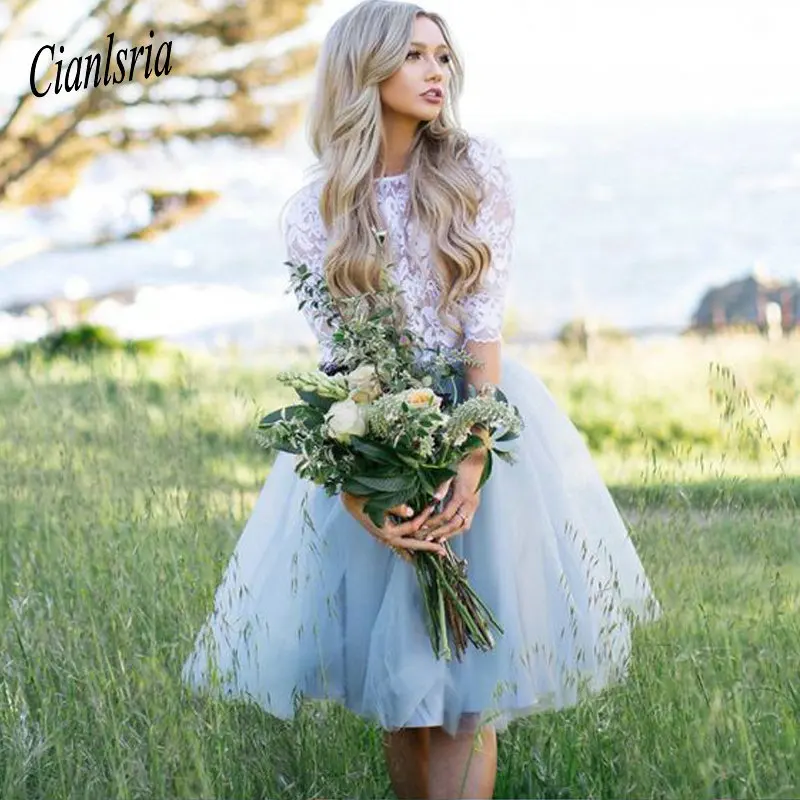 

A-Line Jewel 3/4 Sleeves Light Blue Homecoming Dress with Lace Graduation Juniors Dresses For Teens