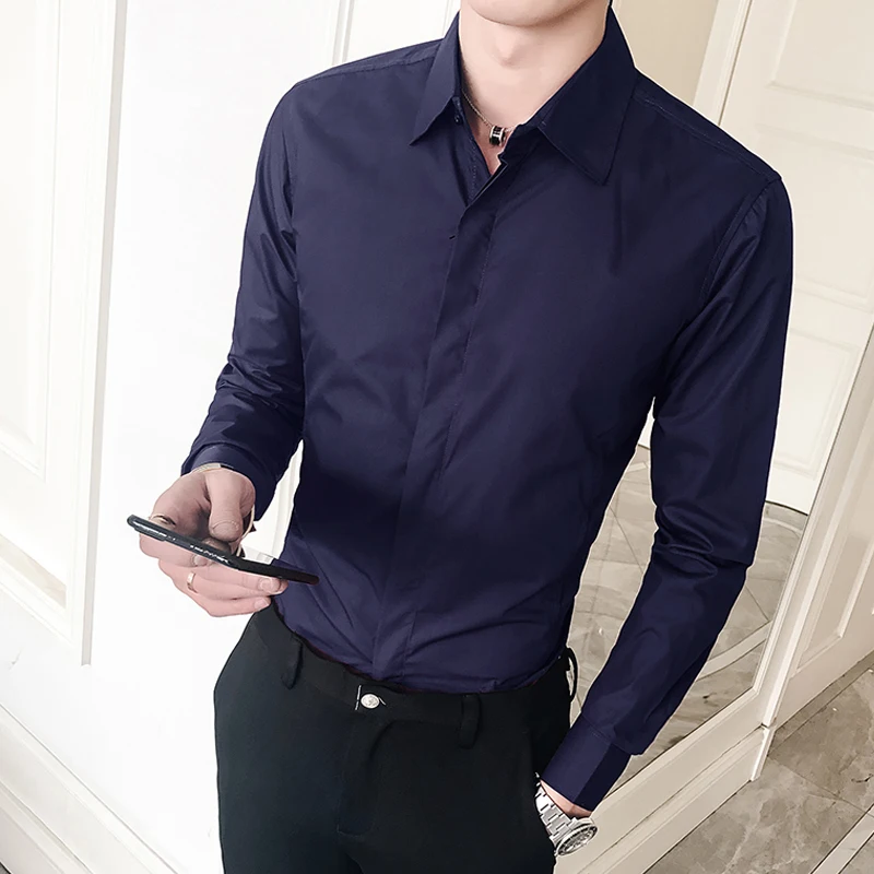 

Men Shirt Long Sleeve Regular Slim Fit Solid Basic Dress Shirts Male Social Casual Camisa Masculina 6 Colors Streetwear