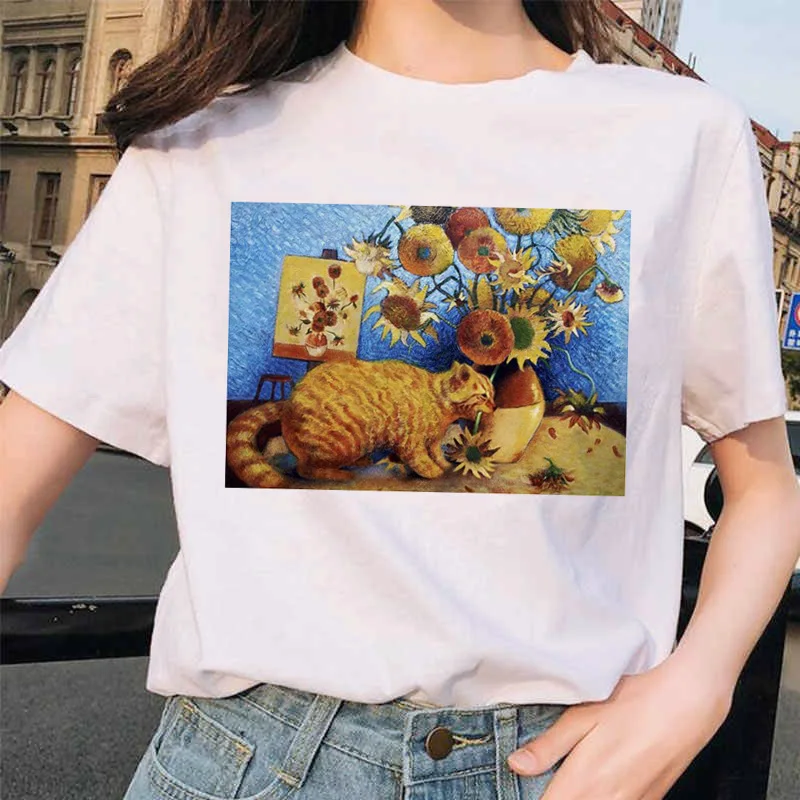 Ван Гог кошка Женская футболка искусство масляной живописи решетки печати Новая Милая женская футболка Повседневная Harajuku футболка забавная ulzzang grunge