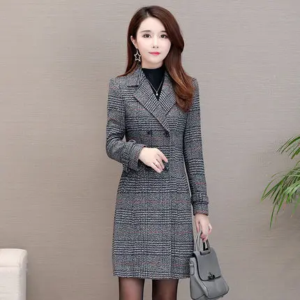 Осенне-зимнее Новое модное клетчатое шерстяное пальто Женская Корейская версия средней и длинной секции темпераментное шерстяное пальто - Цвет: Серый
