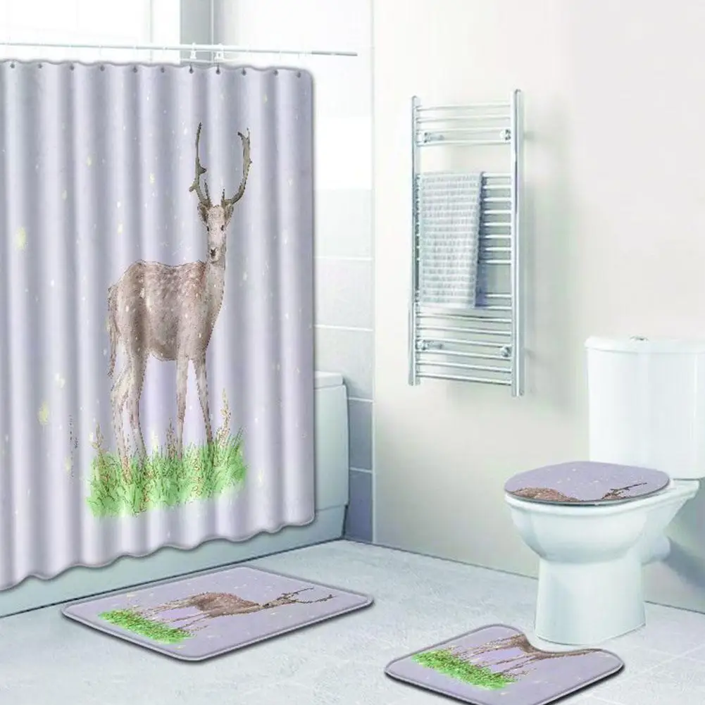 4pcs / set Elk series Printed Pattern Shower Curtain Pedestal Carpet Lid Toilet Cover Mat Bath Mat Set Bathroom Curtains with 12 hooks