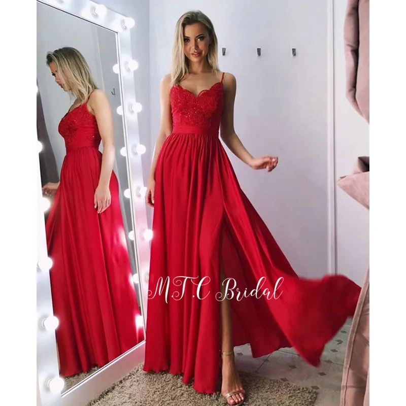 

Long Red Evening Dress Side Slit Spaghetti Strap A Line 2019 Lace Top Simple Wedding Party Dresses Cheap Vestido De Fiesta