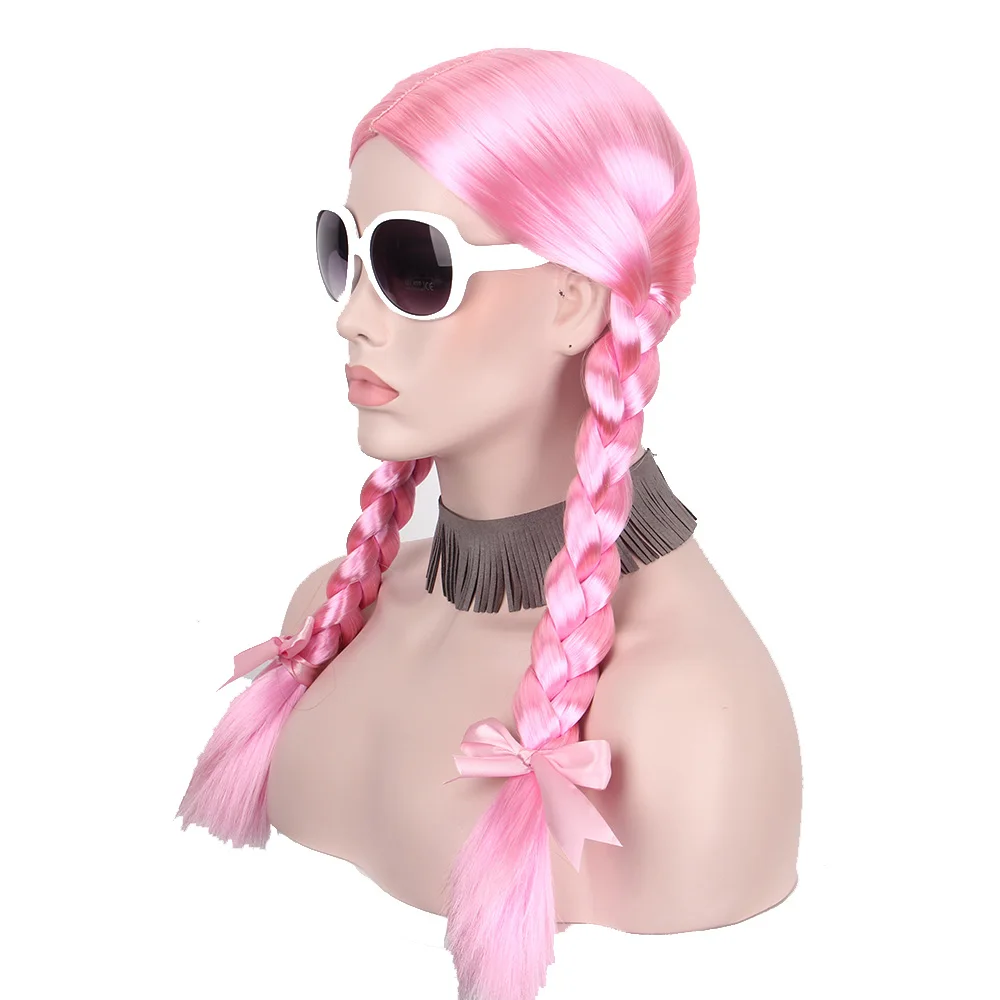 Anxin longo rosa reta cosplay peruca cabelo